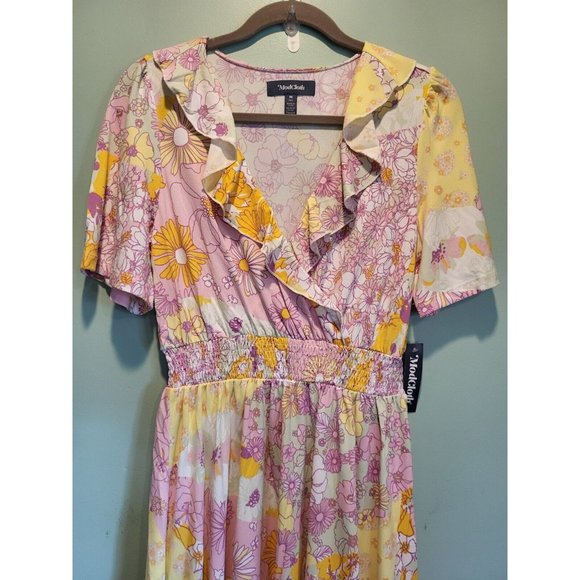 New Modcloth Marvelous Flower Medley Surplice Dress Pink Yellow Sz M - Picture 2 of 7